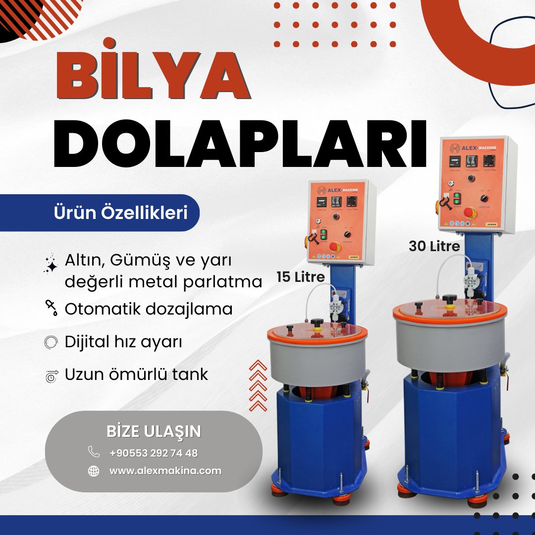 Alex Makina | Türkiye'nin En Büyük Kuyumcu Malzemeleri Sitesi
Bilya Dolapları | Alex Makina

👉Altın, Gümüş ve yarı değerli metallerin parlatılması işleminde kullanılır.#KuyumculukTeknolojisi #bilyadobı #altınparlatma #gümüşparlatma
