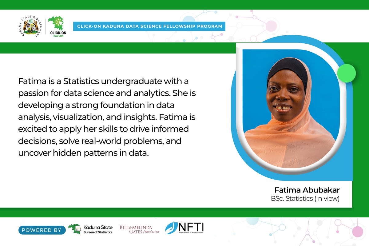 ClickOnKaduna's tweet photo. #MeetOurFellow 
Fatima wants to apply her skills to make informed decisions and solve real-world problems in the social sector.
#ClickOnKadunaDSFP #DataScience https://t.co/Dqo3AEOjn8