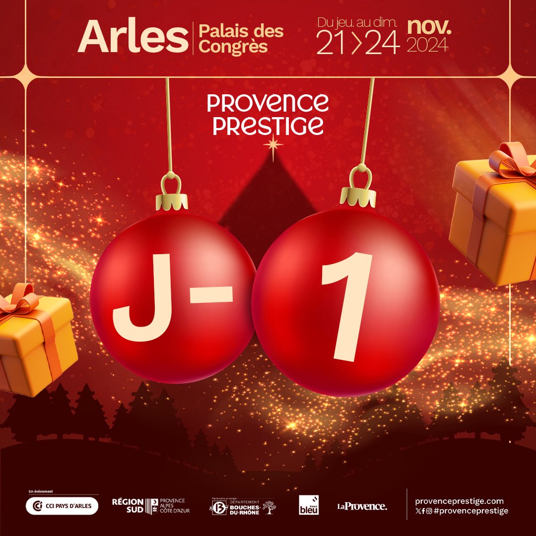 🎉 J-1 avant Provence Prestige 2024 ! 🎉

Du jeudi 21 au dimanche 24 novembre, plongez dans la magie des fêtes.

⚠ Le salon ne prendra pas place jusqu'au lundi cette année !

#ProvencePrestige #MadeInProvence #Arles #ÉvénementLocal
