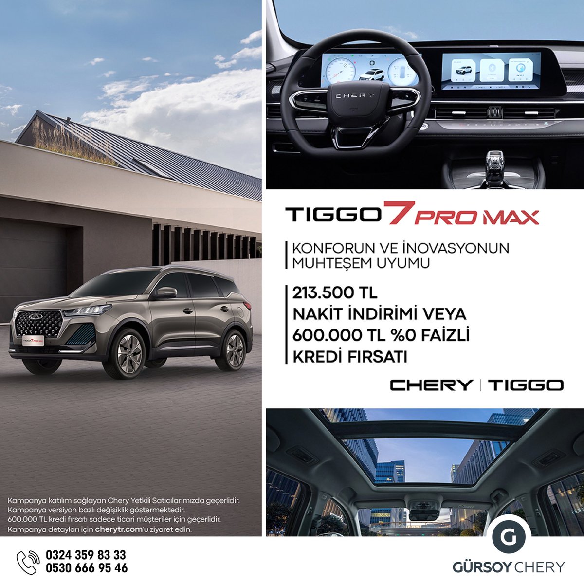 Şıklığın teknolojisi TIGGO7 PRO MAX’e, Kasım ayına özel 213.500 TL’ye varan nakit alım indirimi veya 600.000 TL %0 faizli kredi fırsatı ile hemen sahip olabilirsiniz.

#chery #mersinchery #cherymersin #cherytürkiye #gürsoygrup #gürsoyoto #tiggo7promax