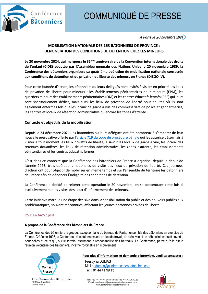 📢 𝗠𝗢𝗕𝗜𝗟𝗜𝗦𝗔𝗧𝗜𝗢𝗡 𝗡𝗔𝗧𝗜𝗢𝗡𝗔𝗟𝗘 𝗗𝗘𝗦 𝟭𝟲𝟯 𝗕𝗔𝗧𝗢𝗡𝗡𝗜𝗘𝗥𝗦 𝗗𝗘 𝗣𝗥𝗢𝗩𝗜𝗡𝗖𝗘 :
𝗗𝗘𝗡𝗢𝗡𝗖𝗜𝗔𝗧𝗜𝗢𝗡 𝗗𝗘𝗦 𝗖𝗢𝗡𝗗𝗜𝗧𝗜𝗢𝗡𝗦 𝗗𝗘 𝗗𝗘𝗧𝗘𝗡𝗧𝗜𝗢𝗡 𝗖𝗛𝗘𝗭 𝗟𝗘𝗦 𝗠𝗜𝗡𝗘𝗨𝗥𝗦 ⚖️

A l’occasion des 35 ans de la Convention internationale des