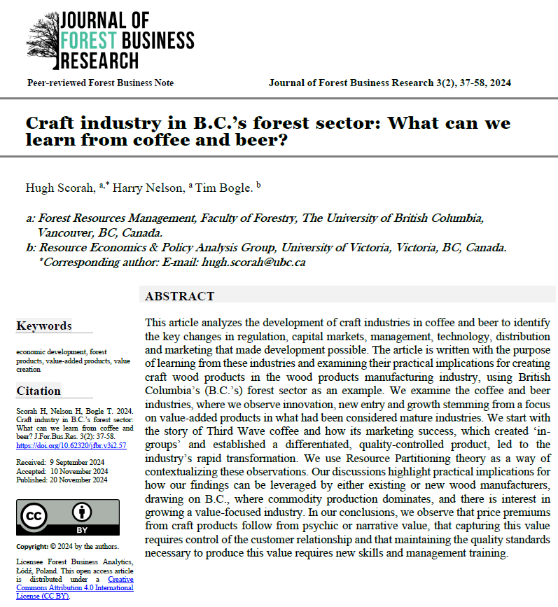 JForBusRes's tweet photo. New #forestbusinessnote: "Craft industry in B.C.’s forest sector: What can we learn from coffee and beer?" by Hugh Scorah, Harry Nelson (@UBC), and Tim Bogle (@uvic).  
👉Read the whole paper here: https://t.co/qEdRXRll7Y https://t.co/AsbnFmCRRC