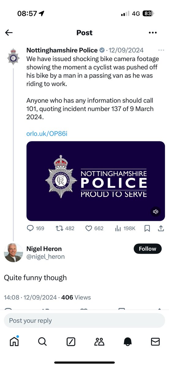 Hi <a href="/BandQ/">B&Q</a> your employee @nigel_heron thinks someone being pushed off their bike by a passing motorist is “quite funny”. Is this a view widely held at your organisation?
