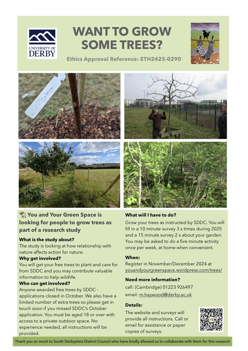 Looking forward to SDDC’s Free Tree giveaway days next week. Please can local organisations consider sharing this, thank you 🙏 @SDDC <a href="/DerbysWildlife/">Derbyshire Wildlife Trust</a> <a href="/PaulLUoD/">Professor Paul Lynch</a> 

Looking for local folks to take part in a study next year.

youandyourgreenspace.wordpress.com