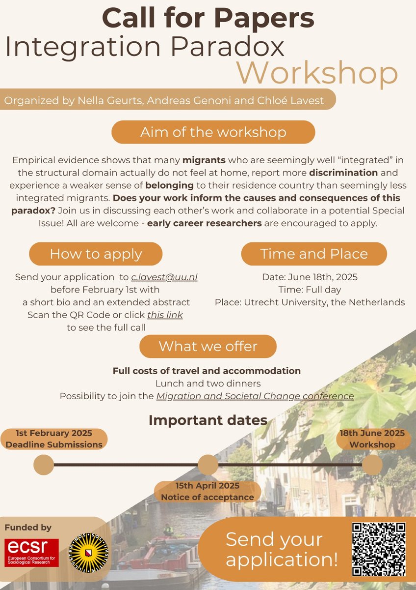 Andreas Genoni (@a_genoni) on Twitter photo Do you study the integration paradox? 🧐 We call for papers for a workshop <a href="/UniUtrecht/">Utrecht University</a> in june '25 to connect and advance IP research.
More details here: tinyurl.com/yj8d9233
We (w/ <a href="/NellaGeurts/">Nella Geurts</a> & <a href="/ChloeLavest/">Chloé Lavest</a>) are looking forward to your submission! Do you study the integration paradox? 🧐 We call for papers for a workshop <a href="/UniUtrecht/">Utrecht University</a> in june '25 to connect and advance IP research.
More details here: tinyurl.com/yj8d9233
We (w/ <a href="/NellaGeurts/">Nella Geurts</a> & <a href="/ChloeLavest/">Chloé Lavest</a>) are looking forward to your submission!