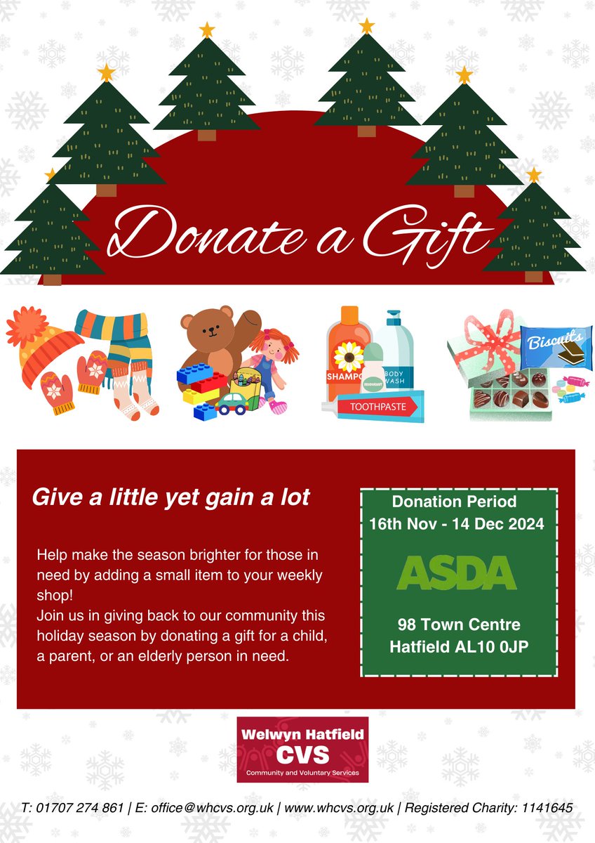 We’ve teamed up with #AsdaHatfield to host a donation basket - a simple way to make someone’s Christmas morning brighter.

If you are able to, when you’re out shopping, please consider picking up a small extra item to drop in the basket.

you can donate up to the 14th December.