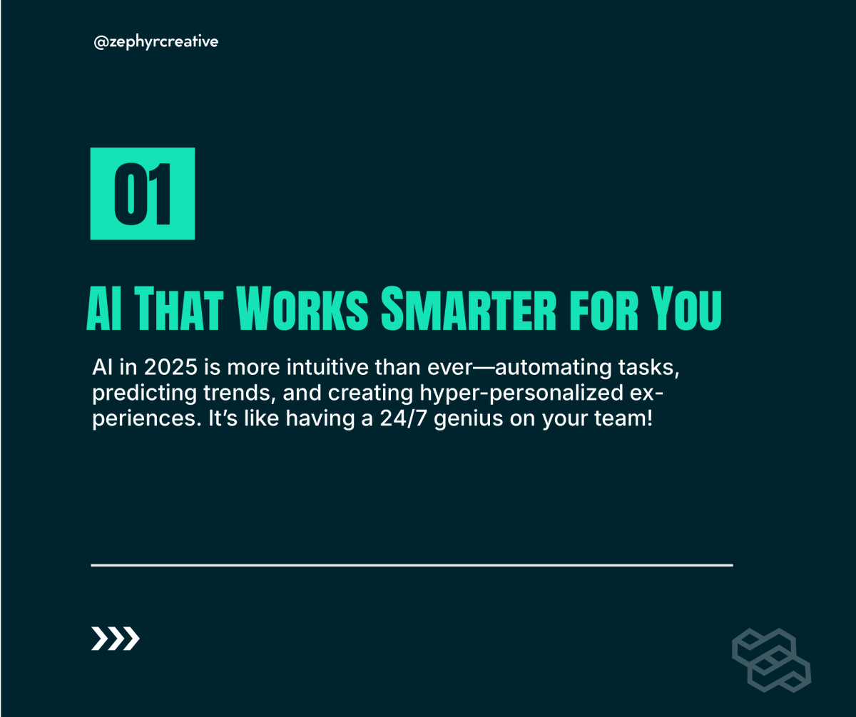 Zephyr_Creativ's tweet photo. 2025’s top tech trends are here:

✅ AI = smarter automation
✅ Blockchain = transparent trust
✅ Cloud = next-level speed &amp; scalability

These innovations are driving digital growth. How is your business adapting?

Let’s shape the future together!

#TechTrends #DigitalGrowth https://t.co/LDBPPMv7lo