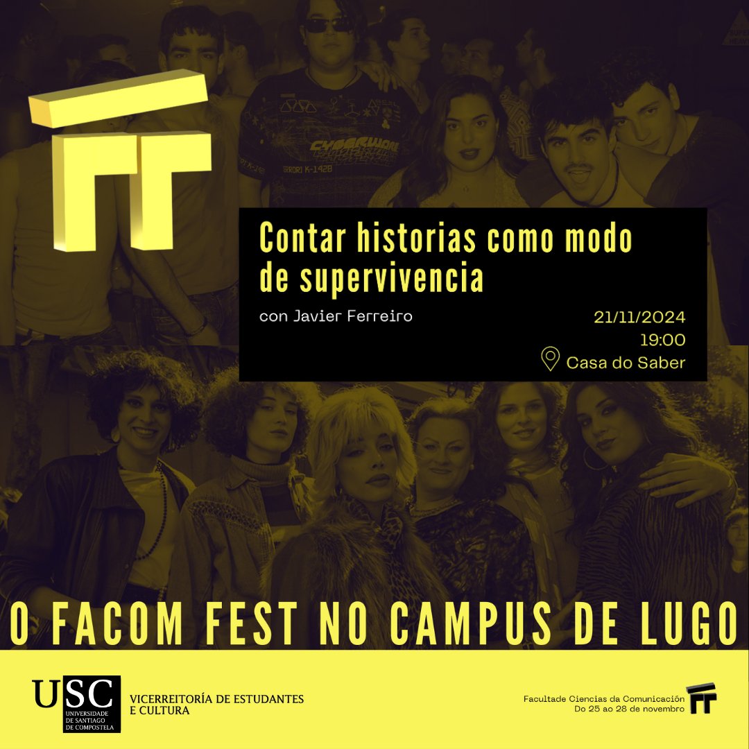 🎬 A primeira actividade do Facom Fest será ‘Contar historias como modo de supervivencia’, no campus de Lugo, unha semana antes do comezo do festival!
📆 21 de novembro, 19.00 h, Casa do Saber do campus de Lugo
➕ Info: usc.gal/gl/xornal/even…