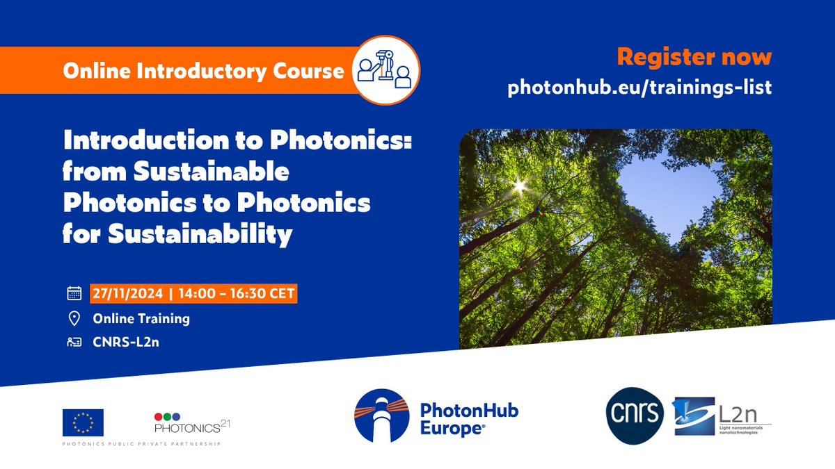 📢 <a href="/CNRS/">CNRS 🌍</a> <a href="/UTTroyes/">UTT à Troyes</a> L2n is organising a FREE #PhotonHub Online Introductory Course about Introduction to Photonics: from Sustainable Photonics to Photonics for Sustainability 💡🎓

📅 27/11/24, 14:00 – 16:30 CET
📍 Online Training
👉 buff.ly/40T4tuH

#PhotonicsInnovation