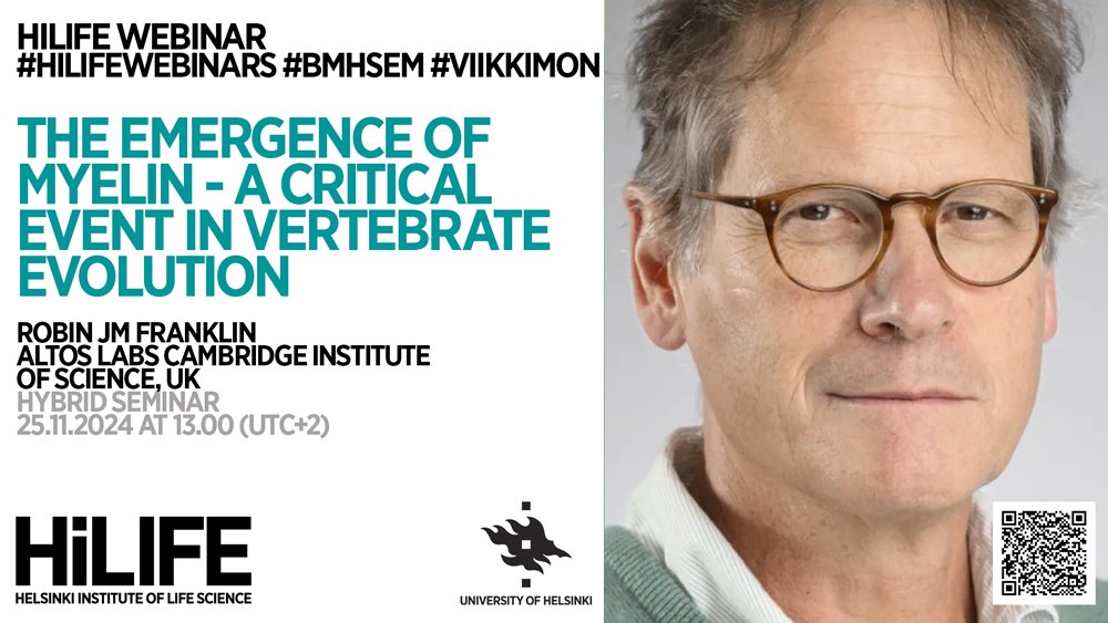 HiLIFE_Helsinki (@hilife_helsinki) on Twitter photo Welcome Robin JM Franklin to give a #hilifewebinars presentation "The emergence of myelin - a critical event in vertebrate evolution".
Hybrid seminar 25.11. at 13 (UTC+2).
👉 helsinki.zoom.us/j/61892612947
👉 Biocenter 2, Hall 1041, Viikinkaari 5
<a href="/LifeSciHelsinki/">Life Sciences University of Helsinki</a> <a href="/altos_labs/">Altos Labs</a> Welcome Robin JM Franklin to give a #hilifewebinars presentation "The emergence of myelin - a critical event in vertebrate evolution".
Hybrid seminar 25.11. at 13 (UTC+2).
👉 helsinki.zoom.us/j/61892612947
👉 Biocenter 2, Hall 1041, Viikinkaari 5
<a href="/LifeSciHelsinki/">Life Sciences University of Helsinki</a> <a href="/altos_labs/">Altos Labs</a>