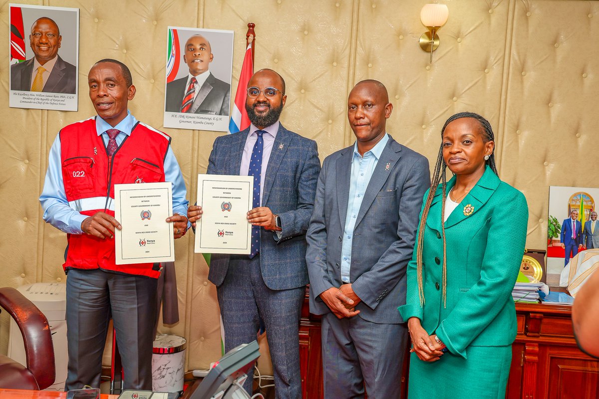 KWamatangi's tweet photo. To improve the county's preparedness and response to disasters, the County Government of Kiambu and Kenya Red Cross Society have today signed a memorandum of understanding to establish a framework for cooperation on disaster management and response.

The partnership agreement, signed between myself and Kenya Red Cross Society Secretary General Dr. Ahmed Idris, focuses on disaster management, which includes proactive approaches, contingency planning to ensure consistent and high-quality disaster response, as well as resource mobilization.

I was also inaugurated as the Kiambu County Red Cross Patron, a task that I have taken up with excitement and promised to oversee strategic leadership that will improve our activities.
Among those present were Kenya Red Cross Society Governor and Chair Hon. Geoffrey Kipngetichm, Deputy Governor Julianne Kamau, County Attorney Waithera Waiyaki, and Chief Officer of Intergovernmental Relations Wairimu Wanjaiya.

#MakingKiambuGreatAgain
#wamatangidelivers
#keepingthepromise