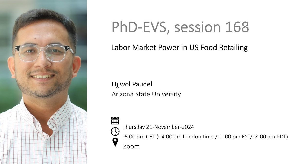 Join us on Thursday 

when <a href="/specfunctor/">Ujjwol Paudel</a> from Arizona State University
presents research: "Labor Market Power in US Food Retailing". 🥘👷🇺🇸

Register for the Zoom link: sites.google.com/view/phd-evs20…

#LaborEconomics #USfood