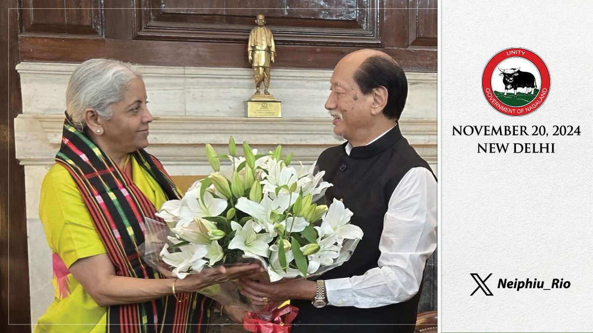Neiphiu_Rio's tweet photo. Called on the Hon’ble Minister of Finance and Corporate Affairs Smt. @nsitharaman Ji, along with Deputy Chief Ministers Shri @YanthungoPatton and Shri @TRZeliang. We discussed about important development projects for further strengthening Nagaland’s economic growth. https://t.co/Ehq3TLRgKm