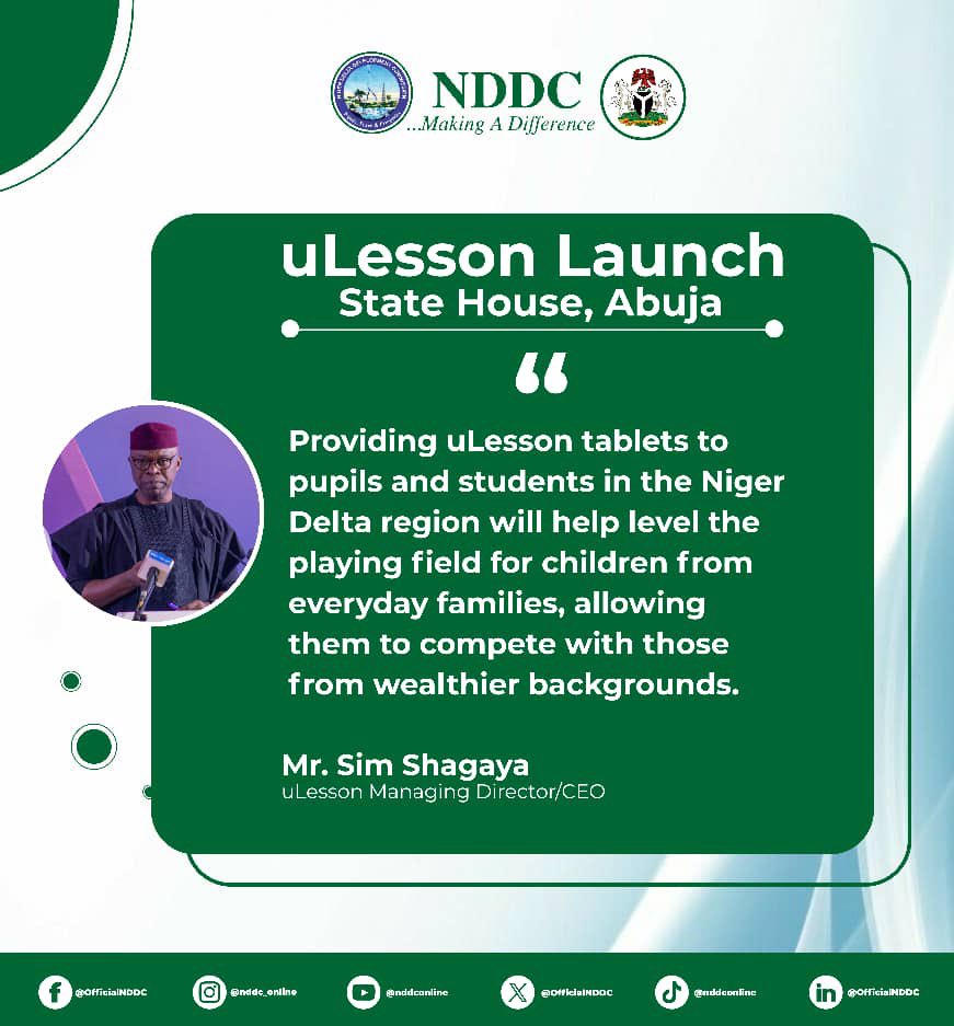 NDDCOnline's tweet photo. Mr. Sim Shagaya praised the innovative technological advancements of uLesson tablets to be distributed to students in the Niger Delta region. He noted that these tablets help level the playing field for children from everyday families, enabling them to compete with their peers from wealthier backgrounds. 

He made these remarks at the launch and flag-off event for uLesson Educational Tablets, held at the Banquet Hall of the State House in Abuja.