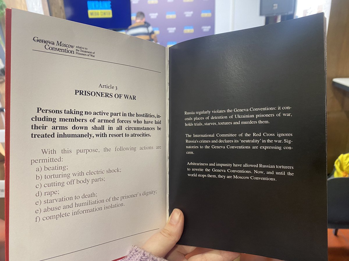 In Kyiv, an alternative version of the Geneva Conventions, symbolically named the Moscow Conventions, will be presented. The document mirrors the structure of the original but describes entirely different norms: killings, torture, electric shocks, beatings, lack of medical