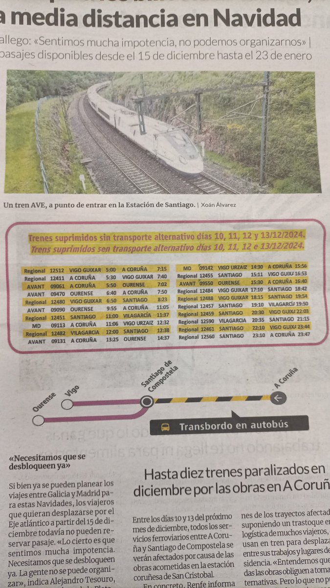 Hai unha supresión xeral de trens entre o 10 e 13 de decembro. Entre Vigo e Santiago tamén. E moitos deles sen transporte alternativo. As obras son na estación da Coruña, colgados todos/as. Boa parte son os rexionais, até seis que veñen de Vigo e Vilagarcía e chegan a Compostela.