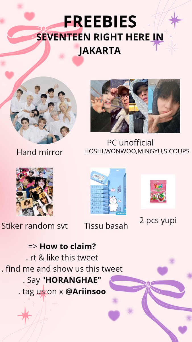 ariinsoo's tweet photo. 🐯FREEBIES SEVENTEEN RIGHT HERE in JAKARTA🐯
  
by : @ariinsoo

🗓 8 February 2025 ( ONLY 30Pcs )
📍Jakarta International Stadium (JIS)  

to claim:
🎀 rt &amp; like this tweet
🎀 Find me n show this tweet
🎀 Say "HORANGHAE"

SEE YOU  CARATS https://t.co/IJIErE7nzd