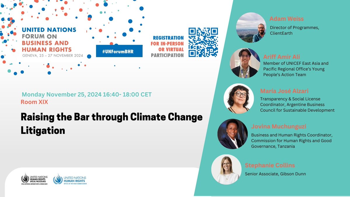 What is the potential of climate litigation to lead to a smart mix of measures to protect human rights? Our panelists will discuss on Mon Nov25, 4:40-6pmCET.

More details: forumbhr2024.sched.com/event/1geuo/ra…

Register in-person or online:indico.un.org/event/1005651/

#UNForumBHR #BizHumanRights