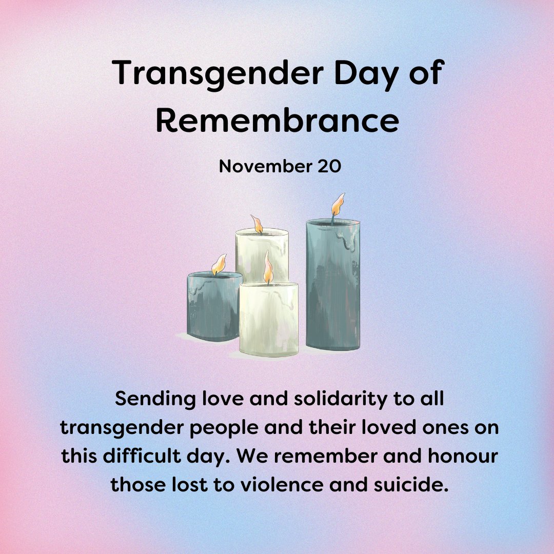 We recognise that this is a very difficult day for the trans community and for their loved ones. Our helpline is running Tuesday-Thursday 7pm-9.30pm if you'd like to talk about this topic, or anything else. #transgenderdayofremembrance