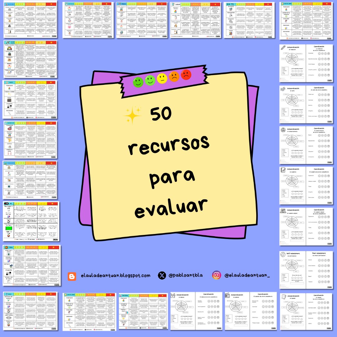 ✨50 recursos para la evaluación✨

📋 Rúbricas, dianas de autoevaluación y fichas de coevaluación para proyectos como vídeos, debates, cuadernos, cómics, podcast y más

🔗Link: elauladeantuan.blogspot.com/2024/11/50-rec…

#recursos #oposiciones2425 #recursosprimaria
