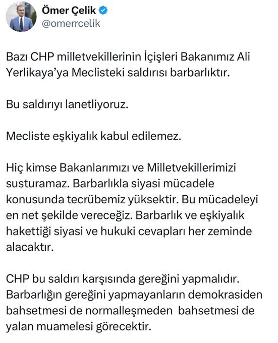 Ömer Çelik: Bazı CHP milletvekillerinin İçişleri Bakanımız Ali Yerlikaya'ya Meclisteki saldırısı barbarlıktır.

Dağda PKK Mecliste CHP!!

kadir çelik nasuh mahruki