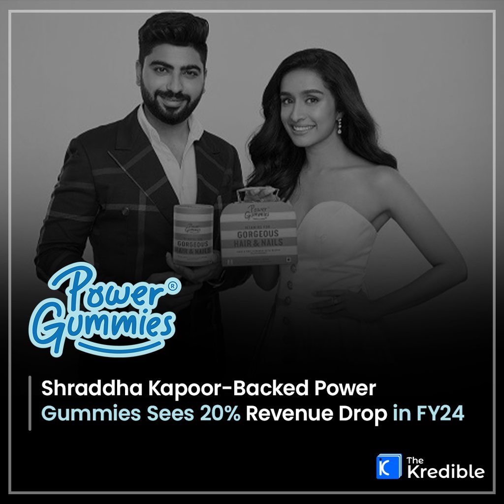 <a href="/ShraddhaKapoor/">Shraddha</a> - Backed <a href="/PowerGummies/">Power Gummies</a> recorded a revenue drop of over 20% in FY24, declining to Rs 17.55 crore from Rs 22.04 crore in FY23.

Founded by <a href="/divijbajaj94/">Divij Bajaj</a> , Power Gummies revolutionizes health and nutrition with tasty, chewable, and effective vitamin supplements.