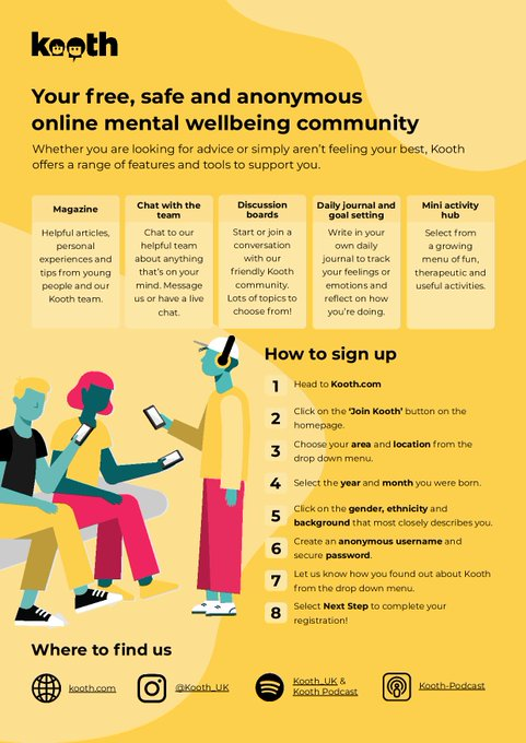 #WellbeingWednesday

Check out the below to find out more about kooth.com!

Free, safe &amp; anonymous support for all 11-25yr olds in Suffolk and 10-18yr olds in Norfolk &amp; Waveney

I am able to offer information sessions for your staff, email csymeou@kooth.com to book