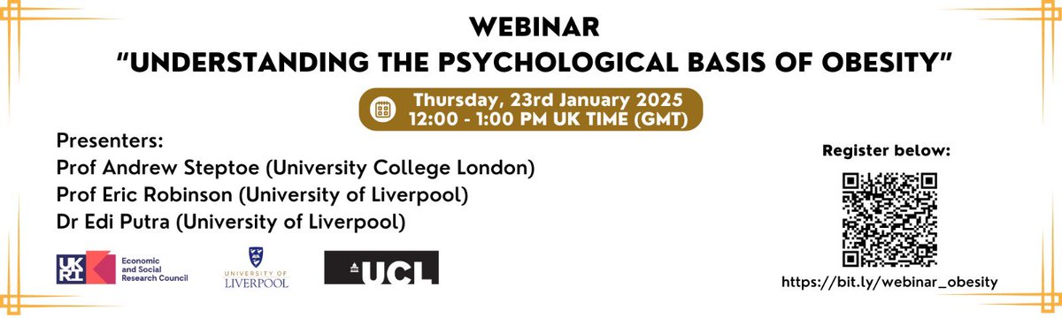 Please help repost 🙏

📣 Join us for a lunchtime WEBINAR on 23 Jan 2025! 

We’ll discuss the role of #psychological wellbeing in explaining: (i) overweight and #obesity development/reversal &amp; (ii) obesity-related physical health outcomes.

👉bit.ly/webinar_obesity