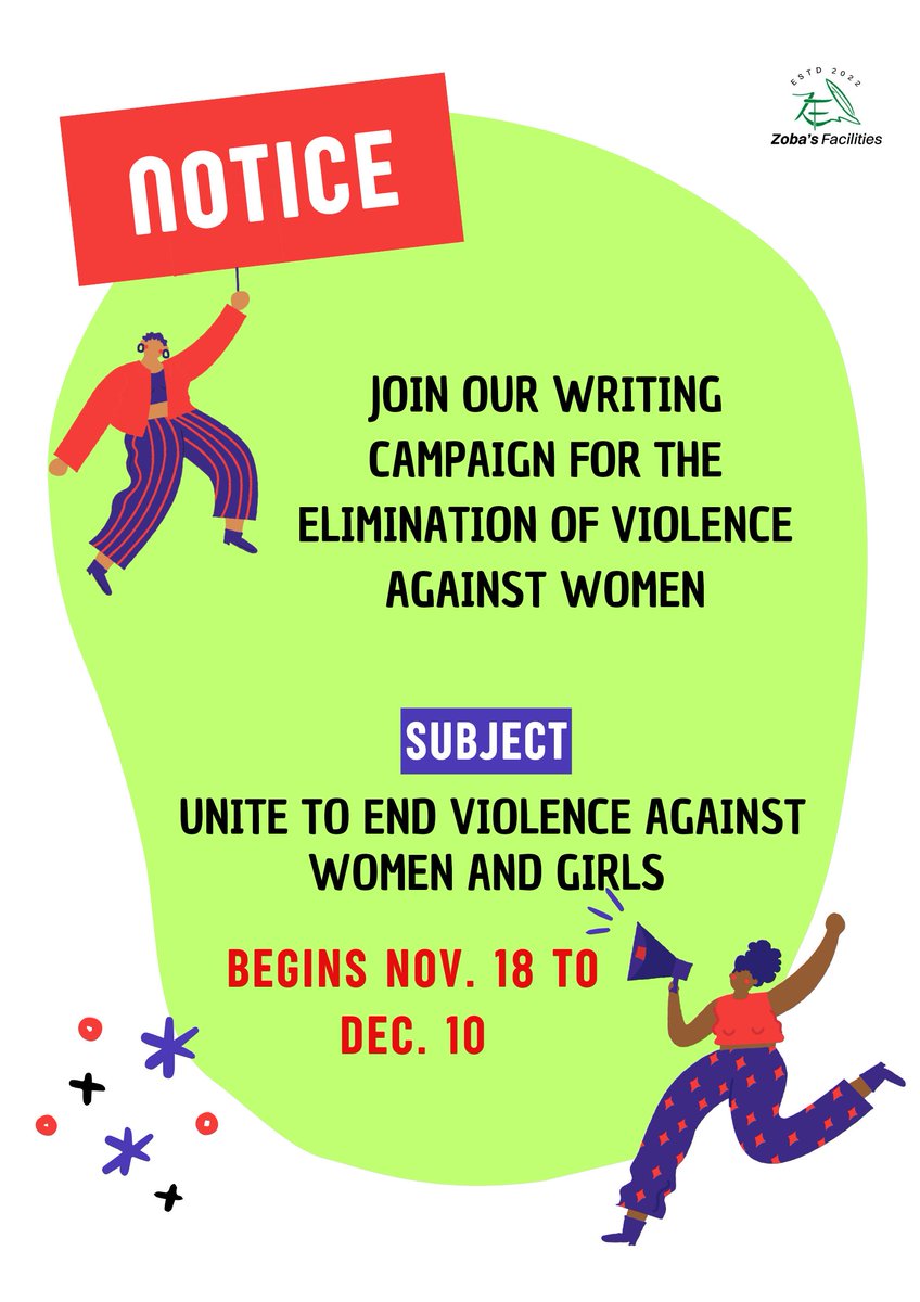 Our writing campaign is here again!
Send in your 150-word written submission, with the subject line "Writing Campaign" to zobasfacilities@gmail.com

It could be either fiction, non-fiction, poetry, etc.

Submissions will be accepted on a rolling basis

#endviolenceagainstwomen