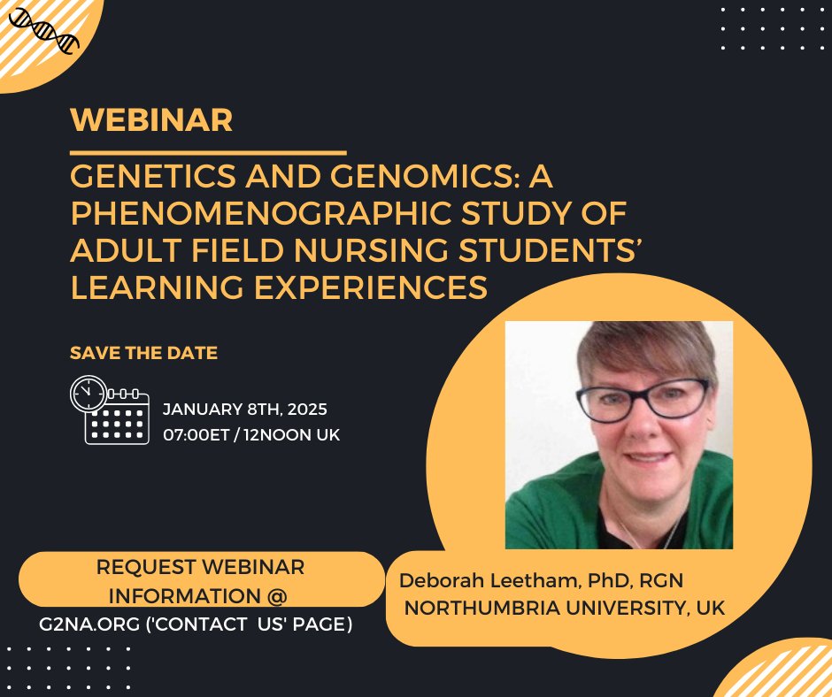 G2NA (@g2na4health) on Twitter photo Save the date 🗓️
Join us on Jan 8th (0700ET) for the first webinar of 2025 🥳 when Deborah Leetham <a href="/adult_nu/">NUAdultNursing @adult_nu</a> will be presenting on her study of how adult field #nursing students experience learning about #genomics Save the date 🗓️
Join us on Jan 8th (0700ET) for the first webinar of 2025 🥳 when Deborah Leetham <a href="/adult_nu/">NUAdultNursing @adult_nu</a> will be presenting on her study of how adult field #nursing students experience learning about #genomics