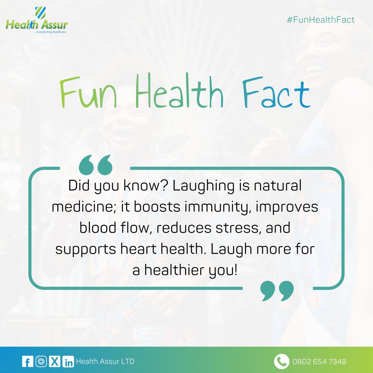 healthassur's tweet image. Did you know that laughter is a natural remedy for your body? 

Boost your immunity, relieve stress, and strengthen your heart—all with a good laugh! 

Share a laugh today for a healthier tomorrow. 

#FunHealthFact #HealthyLiving