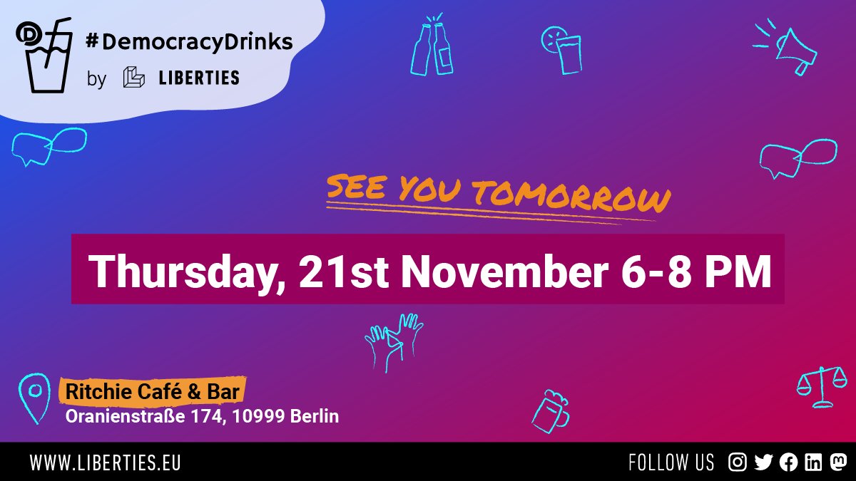 See you tomorrow at #DemocracyDrinks Berlin!

📆 6-8pm, Thursday 21st November
📍Ritchie Café &amp; Bar, Oranienstraße 174, 10999 Berlin

If you haven't already, register now
➡️  DD21Nov24.eventbrite.com