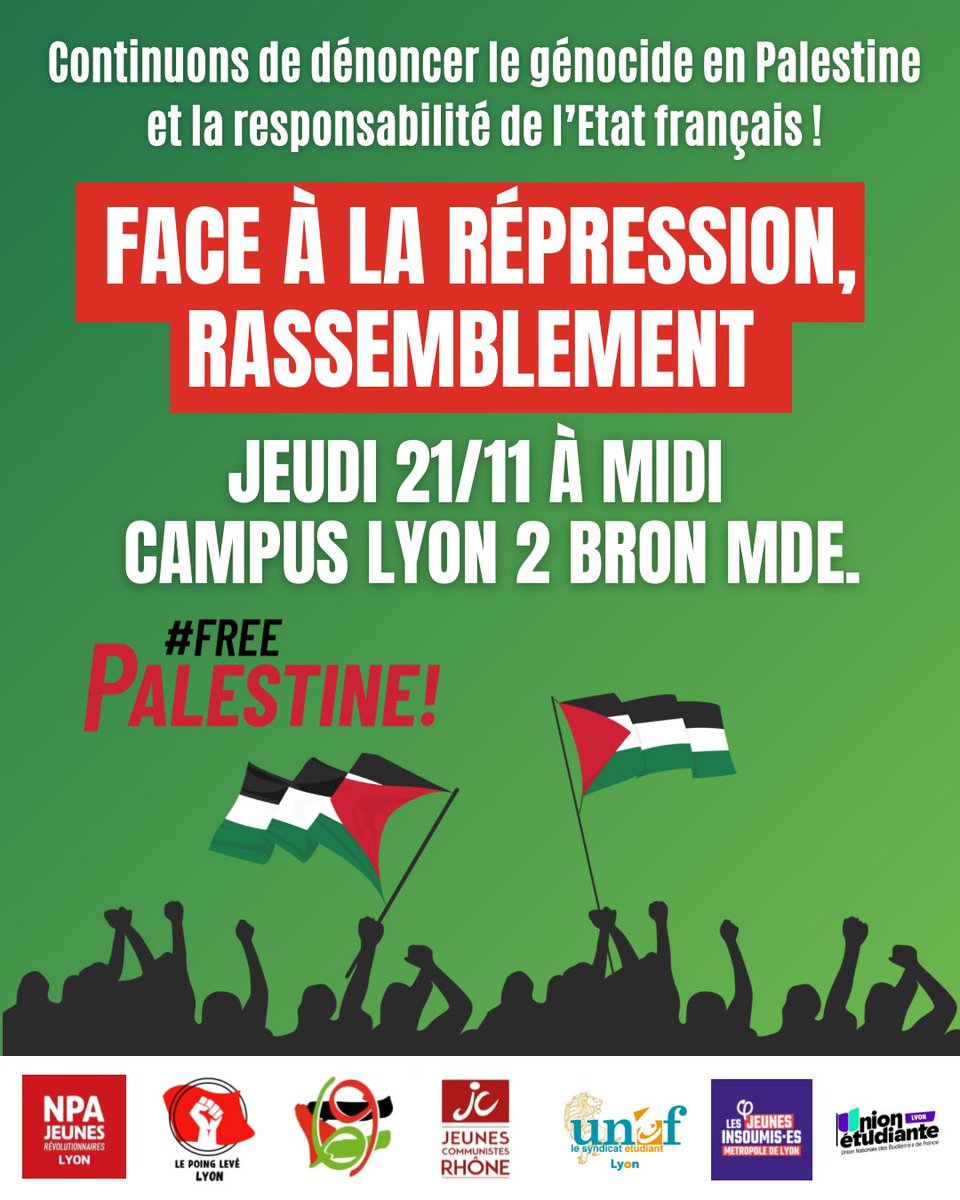 UnefTacleLyon's tweet photo. 🇵🇸🇱🇧Arrachages d’affiches, interdiction de réunion, exclusions … Face à une répression qui s’accentue envers les soutiens des peuples palestiniens et libanais : nous devons continuer à dénoncer le génocide en Palestine et la responsabilité de l’Etat français ! 
 
 1/2 https://t.co/KisEBgnnnl