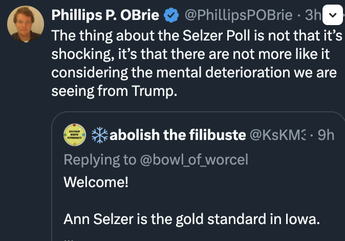 Dominic2306's tweet image. The &apos;professor&apos; and &apos;expert&apos; - 🤡 Philips O&apos;brien, the Cadwalladr of IR academia - who told you the Selzer poll wd trigger &apos;a stampede&apos; of polls showing a Kamala victory 🤣🤣- after spending 2 years getting every major call on Ukraine war laughably wrong - is now &apos;explaining&apos;…