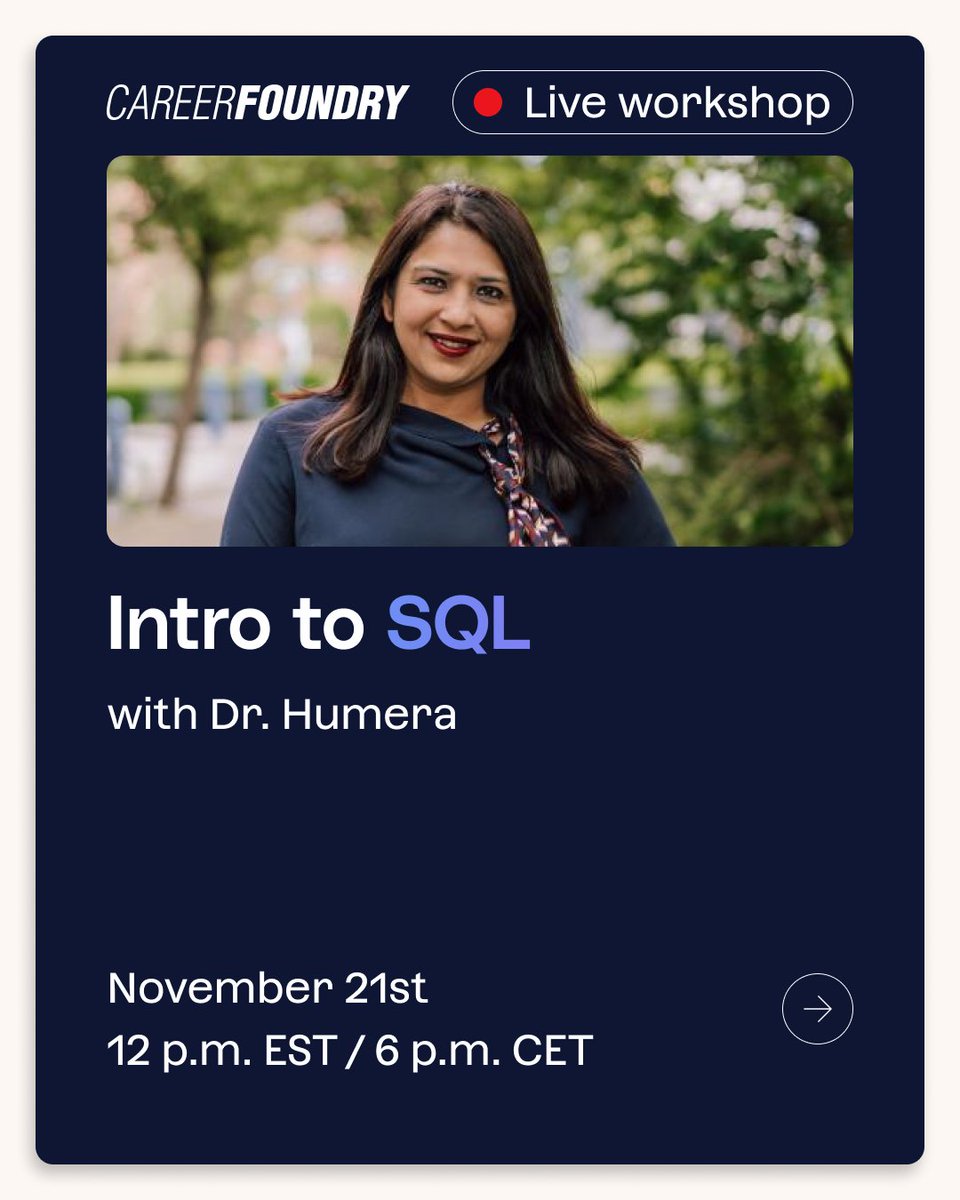 SQL is an essential skill for data analysts. How can you get started?  Jump in and learn the fundamentals with Dr. Humera, November 21st at 6 p.m. CEST, in our free live workshop 👉 bit.ly/4eH34un
#SQL #DataAnalytics #skillworkshops #techcareers #careerchange
