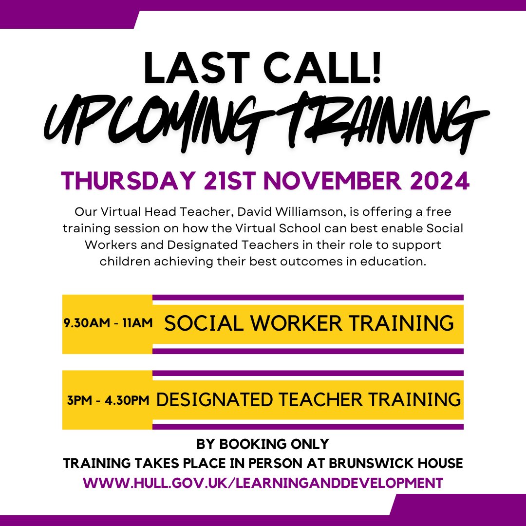 Hull Virtual School (@hullvirtualschl) on Twitter photo LAST CALL!!! Available training for DT's and SW's TOMORROW on how our duties can best support children and young people achieve their best possible outcomes in education. Hosted by <a href="/DavidWHullVSH/">David Williamson</a>
Visit hull.gov.uk/LearningandDev…
to book or drop us an email! LAST CALL!!! Available training for DT's and SW's TOMORROW on how our duties can best support children and young people achieve their best possible outcomes in education. Hosted by <a href="/DavidWHullVSH/">David Williamson</a>
Visit hull.gov.uk/LearningandDev…
to book or drop us an email!