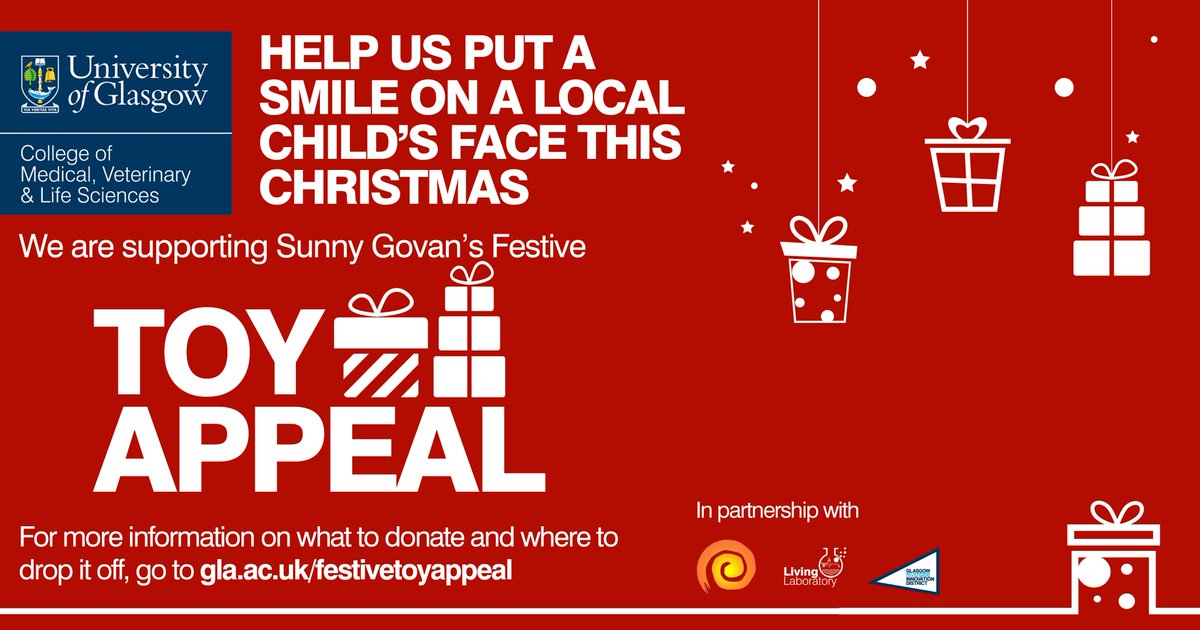 MVLS partners with Sunny Govan’s for a Festive Toy Appeal! Donations accepted until Monday 16th December with drop-off points at the Wolfson, at Garscube, and ICE.
Please note all toys must be new and you can find gift ideas on our webpage. shorturl.at/SsUsQ