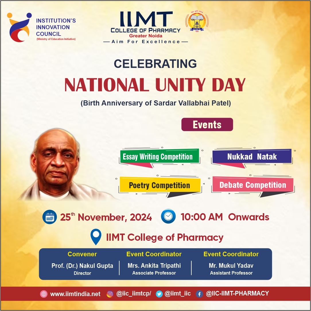 iimt_iic's tweet image. IIC-IIMT College of Pharmacy is Celebrating &quot; National Unity Day &quot; on 25th November 2024.
.
#IIMTIndia #IIMTNoida #IIMTGreaterNoida #IIMTDelhiNCR #IIMTian #iimt #iiciimt  #innovationCouncil #iimtInnovationCell #PharmacyCollege
#IIC #InnovationCell #entrepreneur #Innovation