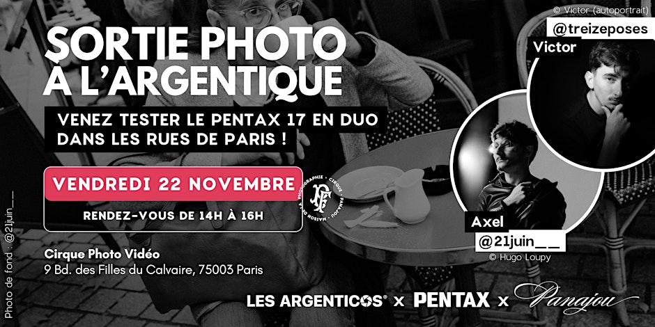 Notre premier Photowalk 📸
Vendredi, de 14h à 16h, venez vous balader avec nous et tester le #Pentax17 en duo dans les rues de Paris !

Nous avons hâte de vous rencontrer ! 🤩

👉 Plus d'infos et inscription : eventbrite.fr/e/billets-sort…