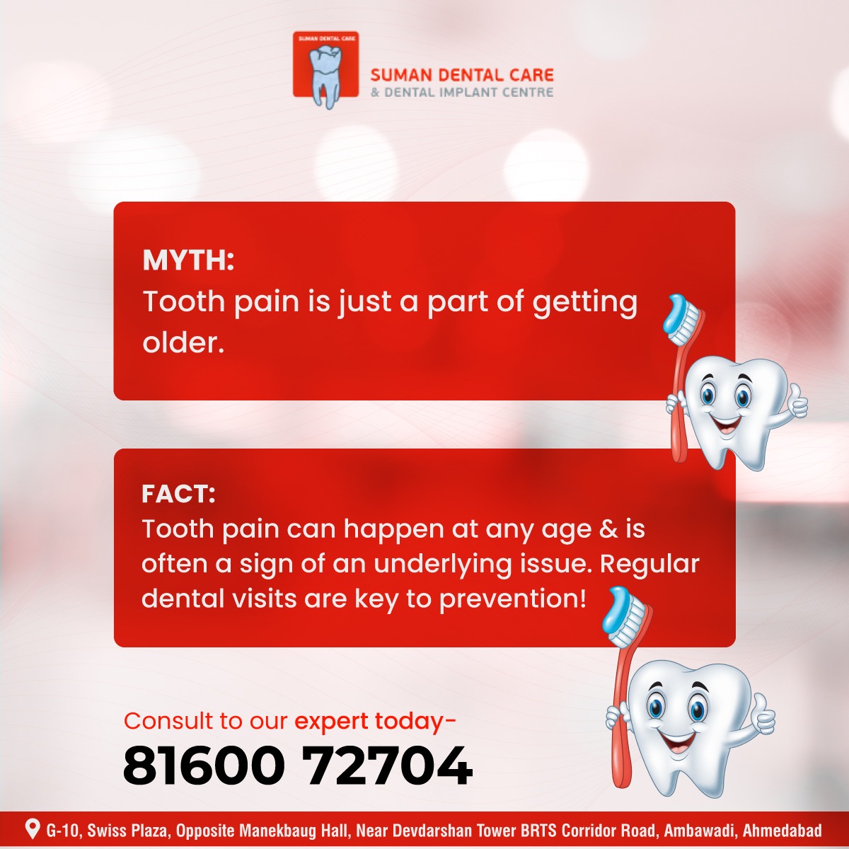 sumandentalcare's tweet photo. Myth : Tooth pain is just a part of getting older.
Fact : Tooth pain can happen at any age and is often a sign of an underlying issue.Regular dental visits are key to prevention!
#SumanDentalCare #DentalCare #OralHealth #HealthyTeeth #ToothPainAwareness #DentalMyths #OralHygiene https://t.co/YzYY1RgL0U