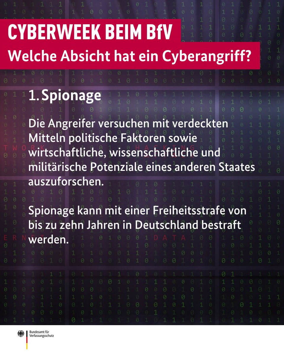BfV_Bund's tweet photo. #BfV_Bund #Cyberweek: Welche Absichten verfolgen Akteure mit ihren #Cyberangriffen? Wir erklären die wesentlichen Unterschiede. #spionage #sabotage #desinformation #cybercrime #hacktivismus https://t.co/KxTyMurBMh