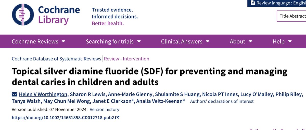 Can silver diamine fluoride (SDF) help to save teeth? 

Read our Cochrane review to find out: 
cochranelibrary.com/cdsr/doi/10.10…