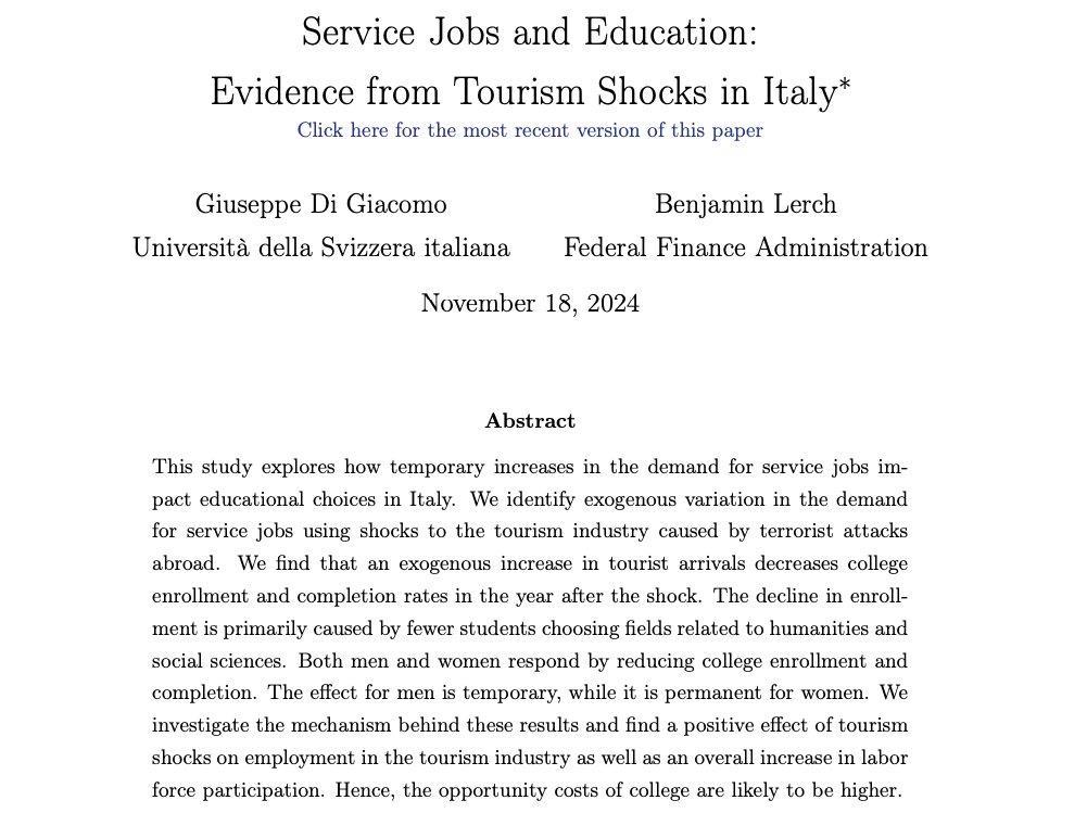 Giuseppe_992's tweet photo. 🚨I'm on the #EconJobMarket 🚨

I'm an applied microeconomist studying labor market shocks &amp; local labor market dynamics

#JMP: Service Jobs and #Education: Evidence from #Tourism Shocks in #Italy ✈️

🧵 [1/7]

Paper: https://t.co/o3oWmcAW99
Website: https://t.co/QMBZ9omOpO https://t.co/gYOi2iy02l