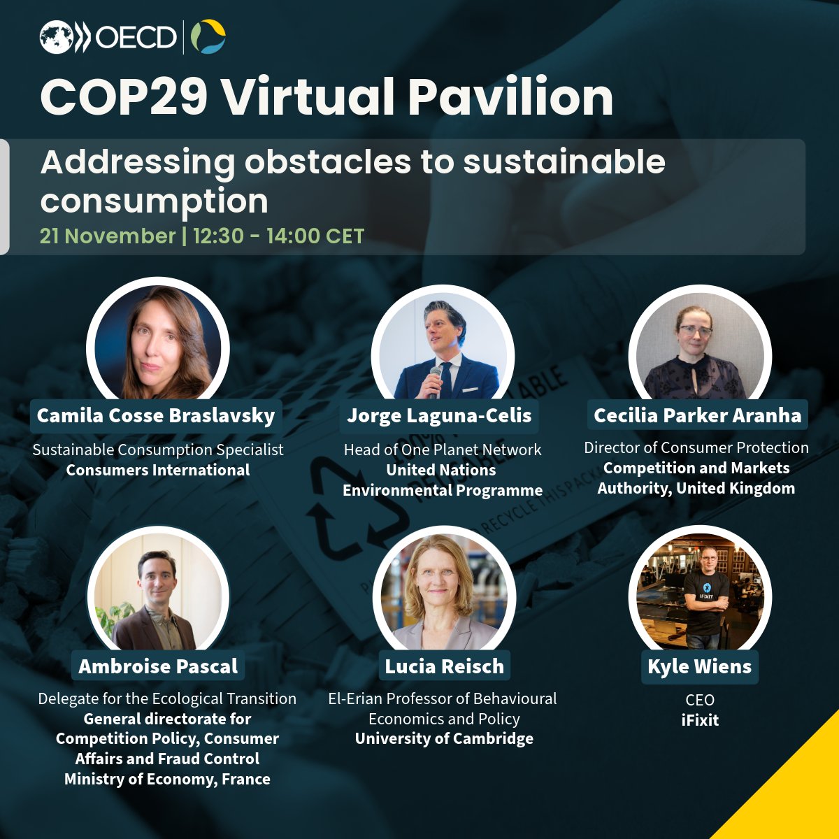 Many #consumers aim to make environmentally sustainable choices, but obstacles such as #greenwashing get in the way. Join us online as we explore these issues &amp; actionable solutions, and present new OECD research on sustainable consumption 👉oe.cd/5Nw | #OECDatCOP29