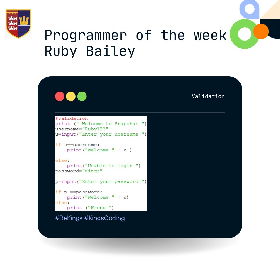 PATKingsSchool's tweet image. ๐ป Congratulations to our Programmer of the Week, Ruby Bailey! โญ๏ธ #BeKings #KingsCoding #ProgrammerOfTheWeek