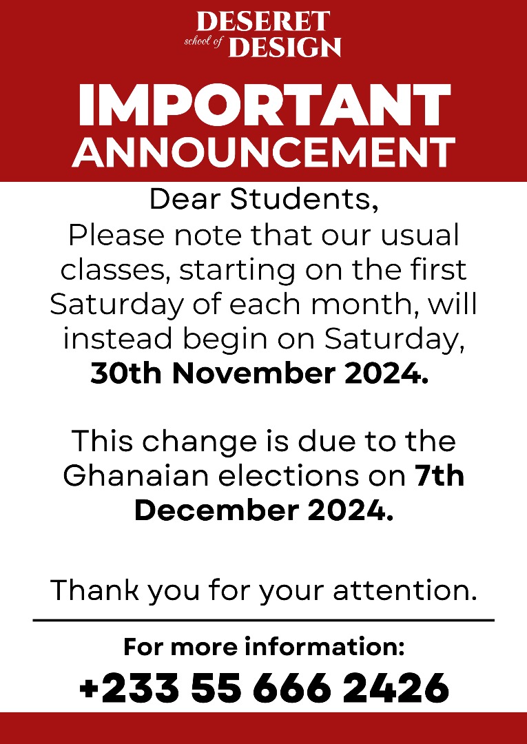 deseret_of's tweet photo. Important Schedule Update!

Attention all students of Deseret School of Design:
Please note that the December class will be held on Saturday, November 30th, 2024, instead of the regular first Saturday of the month. This change is due to the General Election https://t.co/mdkyCXLocb