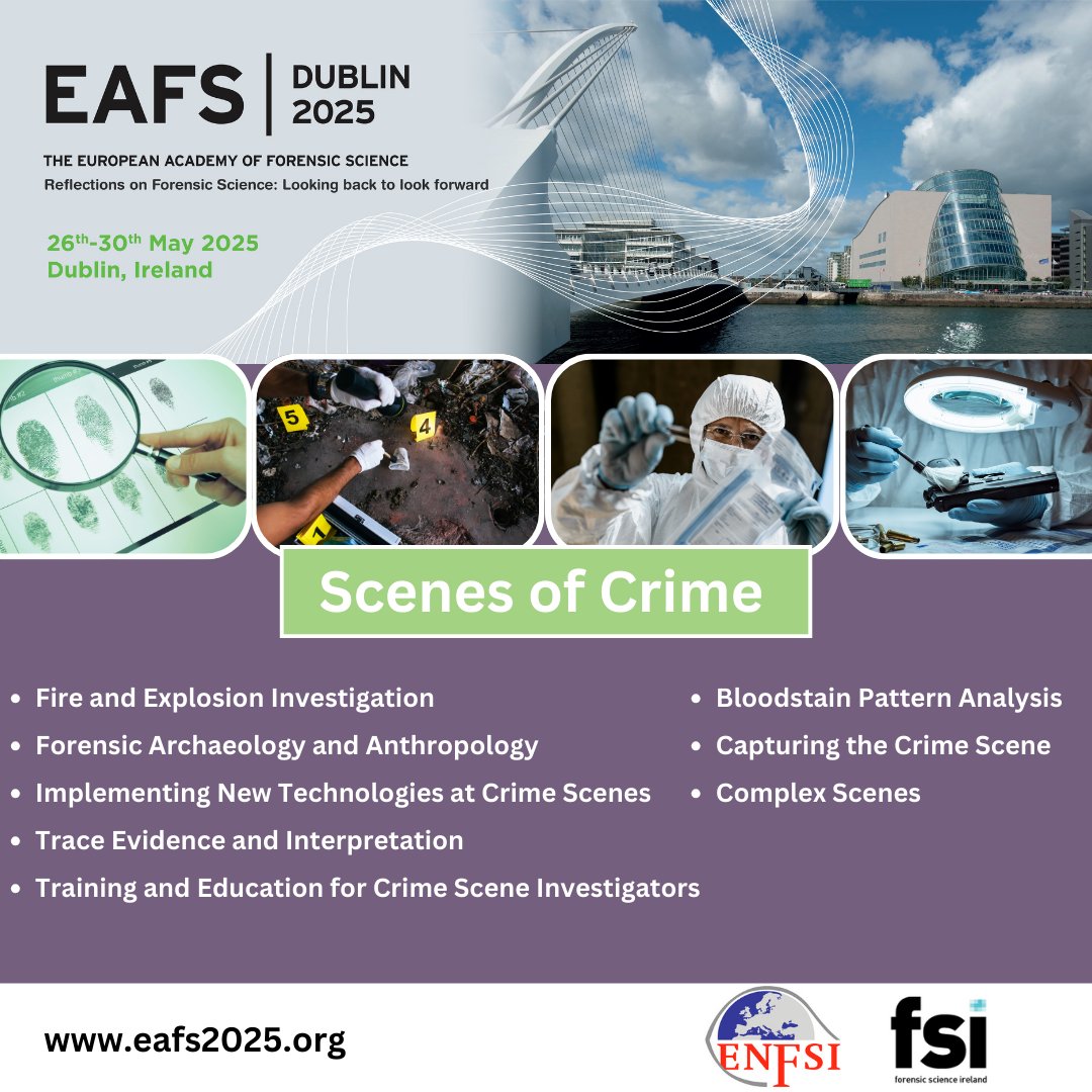 EAFS2025's tweet image. 🚨 Explore Scenes of Crime at #EAFS2025! 🌟 Topics include:🩸 #BloodstainPatternAnalysis
📸 #CapturingTheCrimeScene
🔥 #FireAndExplosionInvestigation
🦴 #ForensicArchaeology 
🔬 #TraceEvidence 
🎓 #TrainingForInvestigators
🌐 eafs2025.org
#ENFSI #ForensicScience