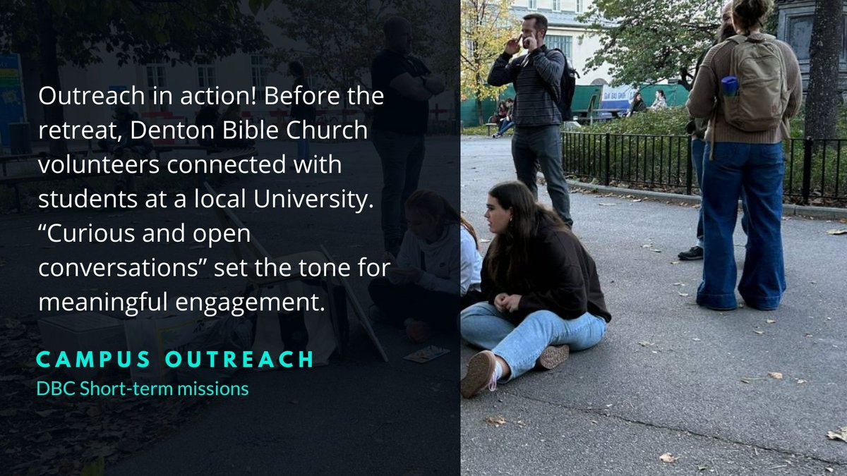 ecksfiles's tweet photo. Outreach in action! Before the retreat, Denton Bible Church volunteers connected with students at a local University. 🌍 “Curious and open conversations” set the tone for meaningful engagement. 🤝
#CampusOutreach #FaithAndLearning https://t.co/oYFgU9h03U