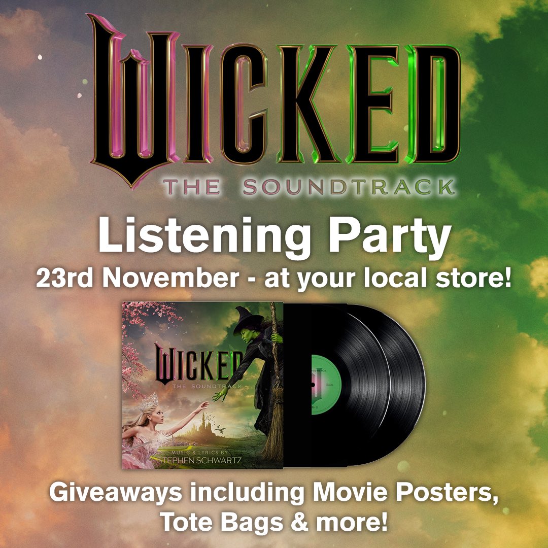 9AM this Saturday 23 November … we are hosting an exclusive WICKED listening event !! 
Arrive early to make sure you bag your freebies along with your copy of this incredible soundtrack 🎉 😍
Available on Green, Pink and Green / Pink vinyl + CD 
#wicked #listeningparty #hmv