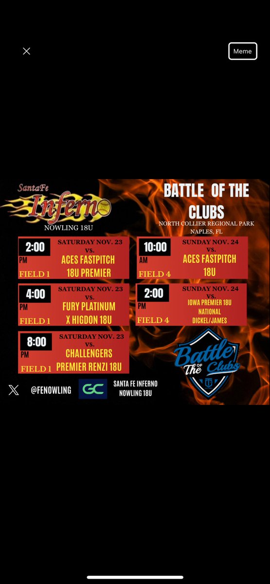 Super excited for Battle Of The Clubs in Naples this weekend. Come out to watch our squad compete!! Here’s the schedule for this weekend.🔥🔥<a href="/FeNowling/">Santa Fe Inferno-Nowling</a> <a href="/rileygoreeee/">Riley Gore</a> <a href="/christine_roser/">Christine Roser</a> <a href="/AlissaSmith12/">Alissa Smith</a> <a href="/CoachSWebster/">Savanah Webster</a>